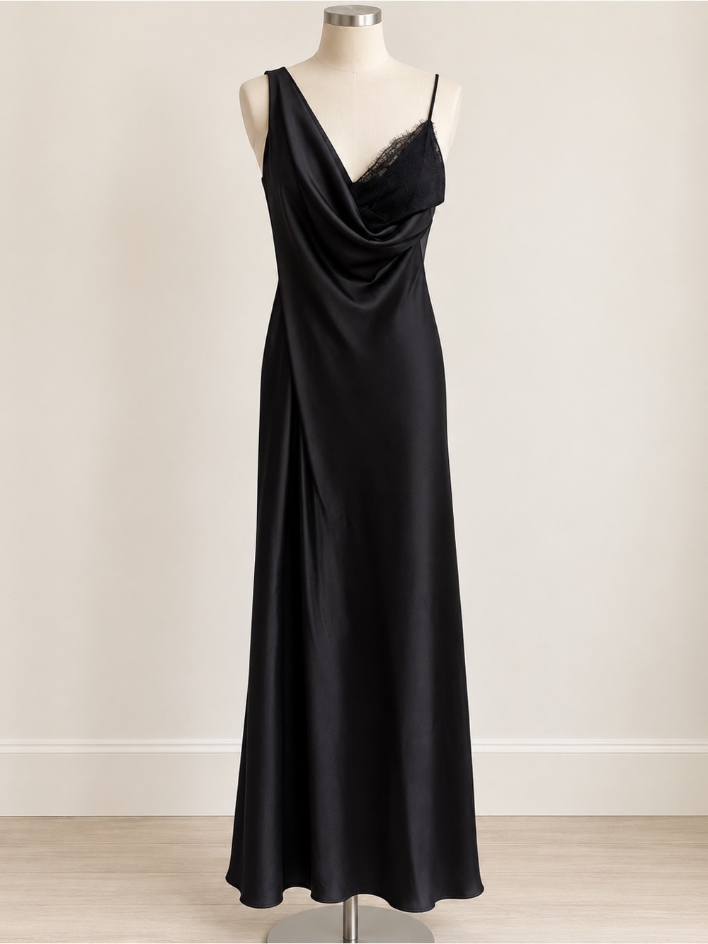 Zara Black Satin Cowl-Neck Maxi Dress with Lace Detail